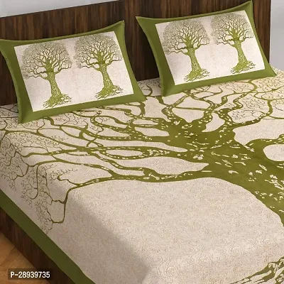 Comfortable Green Cotton Printed Double 1 Bedsheet + 2 Pillowcovers-thumb0