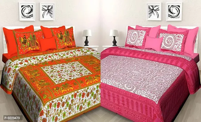 E-WISH BOX - - 100% Cotton Rajasthani Jaipuri King Size Combo Bedsheets Set of 2 Double Bedsheets with 4 Pillow Design no. 93