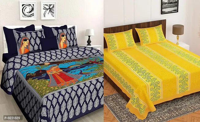 E-WISH BOX - 100% Cotton Rajasthani Jaipuri King Size Combo Bedsheets Set of 2 Double Bedsheets with 4 Pillow Cover's (Multicolour)- ND-300-thumb0