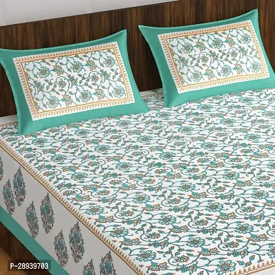 Comfortable Green Cotton Printed Double 1 Bedsheet + 2 Pillowcovers-thumb0