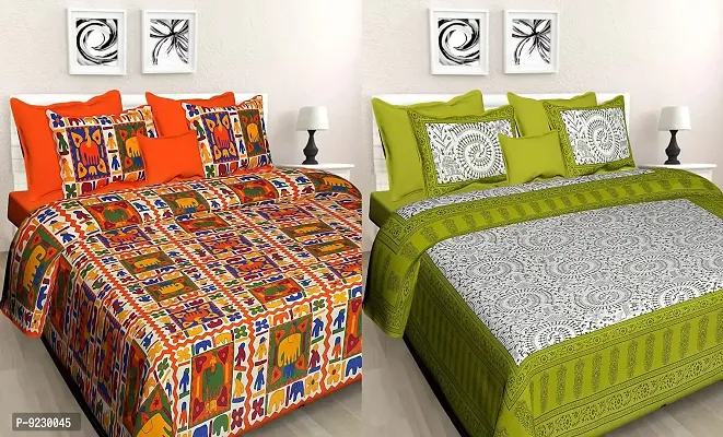 E-WISH BOX 100% Cotton Rajasthani Jaipuri King Size Combo Bedsheets Set of 2 Double Bedsheets with 4 Pillow Jaipuri 25