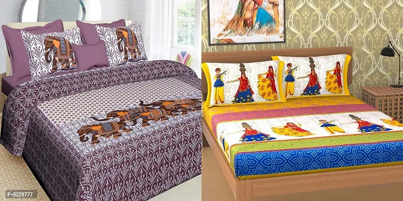 E-WISH BOX 100 % Cotton Jaipuri Rajasthani Traditional King Size 2 Double Bedsheet Combo with 4 Pillow Cover - Double , Multi101-thumb0