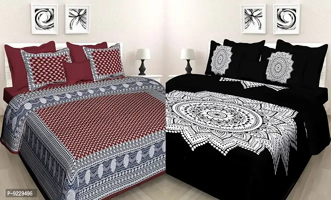 E-WISH BOX - - 100% Cotton Rajasthani Jaipuri King Size Combo Bedsheets Set of 2 Double Bedsheets with 4 Pillow Design no. 79