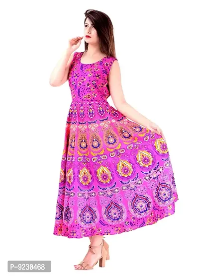 Leza Kurti Women's Cotton Long Semi-Stitched Fabric Jaipuri Printed Maxi (Free Size Upto 42-XL) Multicolour-thumb0