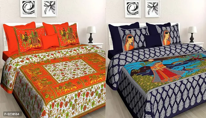 E-WISH BOX - 100% Cotton Rajasthani Combo Jaipuri Traditional King Size Double Bed Bedsheet for King Size Bed with 2 Pillow Cover's - Multicolour Spical Rakhi Offer A-316