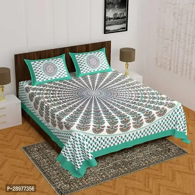 Stylish Green Cotton Queen Size Bedsheets With 2 Pillowcovers-thumb0