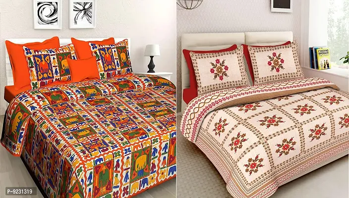 E-WISH BOX - - 100% Cotton Rajasthani Jaipuri King Size Combo Bedsheets Set of 2 Double Bedsheets with 4 Pillow Covers (Multicolour) - TC-180 NOD_18-thumb0