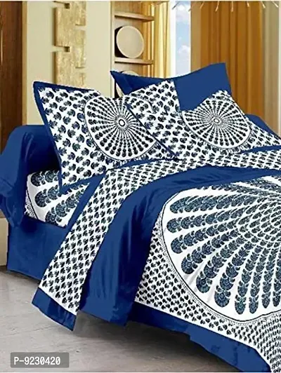 E-wish Box 144 TC 100% Cotton Rajasthani Jaipuri Double Bedsheet with 2 Pillow Covers - Blue