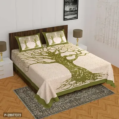 Stylish Green Cotton Queen Size Bedsheets With 2 Pillowcovers-thumb0