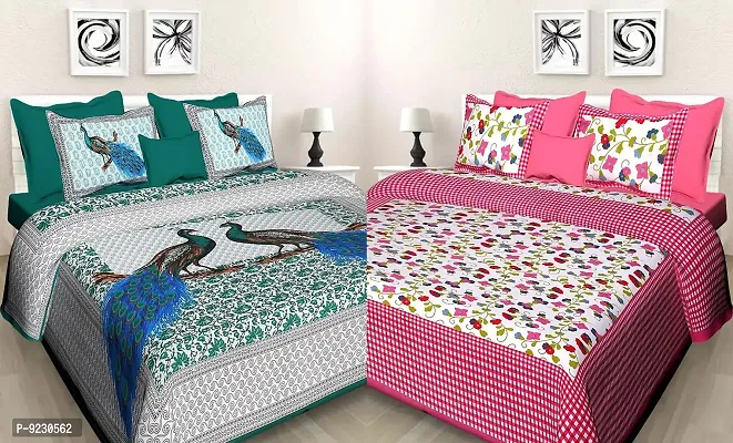 E-WISH BOX - - 100% Cotton Rajasthani Jaipuri King Size Combo Bedsheets Set of 2 Double Bedsheets with 4 Pillow 180 TC Design no. 214-thumb0