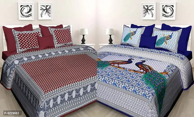 E-WISH BOX - - 100% Cotton Rajasthani Jaipuri King Size Combo Bedsheets Set of 2 Double Bedsheets with 4 Pillow Design no. 49-thumb0