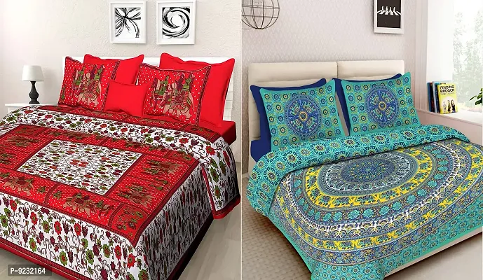E-WISH BOX - 100% Cotton Rajasthani Jaipuri King Size Combo Bedsheet Set of 2 Double Bedsheets with 4 Pillow Covers (Multicolour) - 144 TC D.N - DS10-thumb0