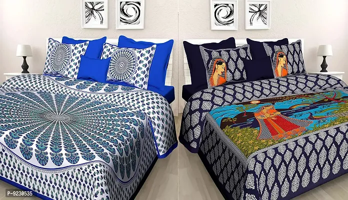 E-WISH BOX - 100% Cotton Rajasthani Combo Jaipuri Traditional King Size Double Bed Bedsheet for King Size Bed with 2 Pillow Cover's - Multicolour Spical Rakhi Offer A-278
