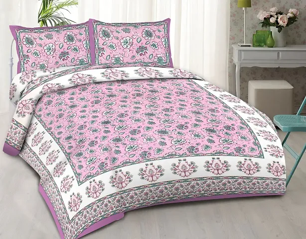 Jaitik Creations Presents Traditional Jaipuri Sanganeri Print Floral Printed King Size Double Bedsheet with 2 Pillow Covers JC_0346