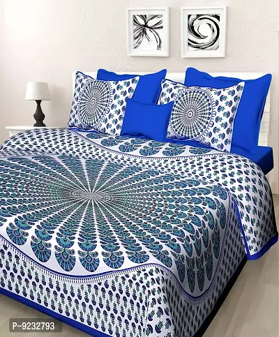 E-Wish Box _RAJSTHANI Jaipuri Traditional SANGANERI Print 144 Thread Count Cotton Double Size BEDSHEET with Two Pillow Cover ( Jaipuri Bedsheet)-thumb0