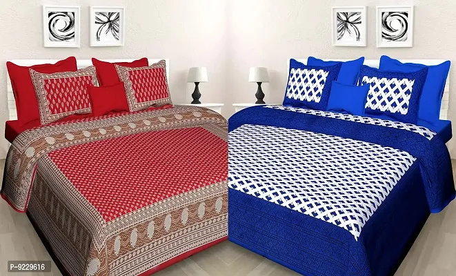 E-WISH BOX - - 100% Cotton Rajasthani Jaipuri King Size Combo Bedsheets Set of 2 Double Bedsheets with 4 Pillow Design no. 5