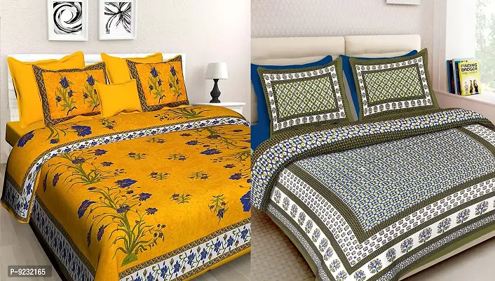 E-WISH BOX - 100% Cotton Rajasthani Jaipuri King Size Combo Bedsheet Set of 2 Double Bedsheets with 4 Pillow Covers (Multicolour) - 144 TC D.N - DS22