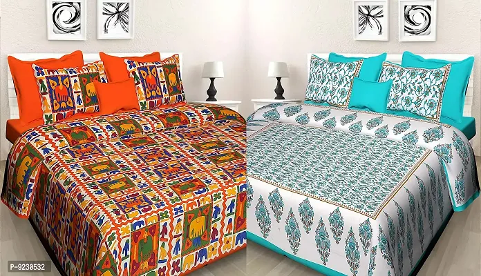 E-WISH BOX - 100% Cotton Rajasthani Combo Jaipuri Traditional King Size Double Bed Bedsheet for King Size Bed with 2 Pillow Cover's - Multicolour Spical Rakhi Offer A-256
