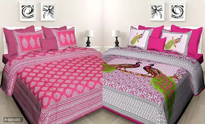 E-WISH BOX - - 100% Cotton Rajasthani Jaipuri King Size Combo Bedsheets Set of 2 Double Bedsheets with 4 Pillow 180 TC Design no. 275-thumb0