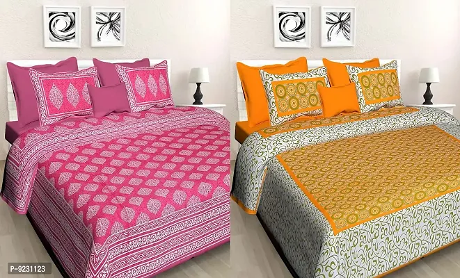 E-WISH BOX - - 100% Cotton Rajasthani Jaipuri King Size Combo Bedsheets Set of 2 Double Bedsheets with 4 Pillow 180 TC Design no. 303-thumb0