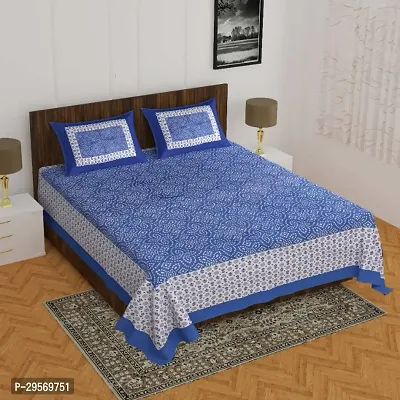 Comfortable Blue Cotton Flat Double 1 Bedsheet + 2 Pillowcovers-thumb0