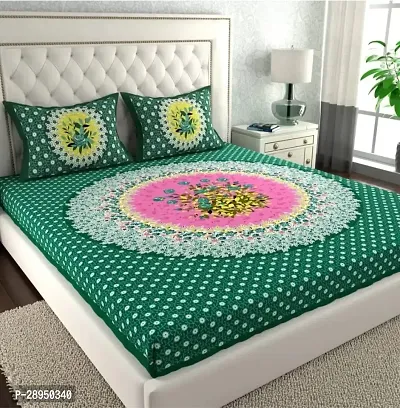 Comfortable Green Cotton Printed Double 1 Bedsheet + 2 Pillowcovers