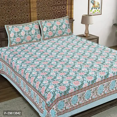 Beautiful Blue Cotton Flat Printed Double 1 Bedsheet With 2 Pillowcovers-thumb0