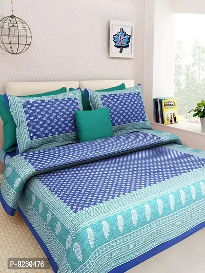 E-Wish Box 100% Cotton Comfort Rajasthani Jaipuri Traditional King Size 1 Double Bedsheet with 2 Pillow Covers - Blue