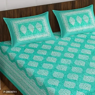 Comfortable Green Cotton Printed Double 1 Bedsheet + 2 Pillowcovers