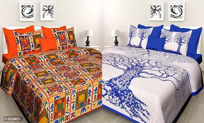 E-WISH BOX 100% Cotton Rajasthani Jaipuri King Size Combo Bedsheets Set of 2 Double Bedsheets with 4 Pillow Jaipuri 11-thumb0
