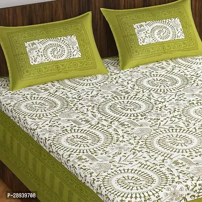 Comfortable Green Cotton Printed Double 1 Bedsheet + 2 Pillowcovers-thumb0