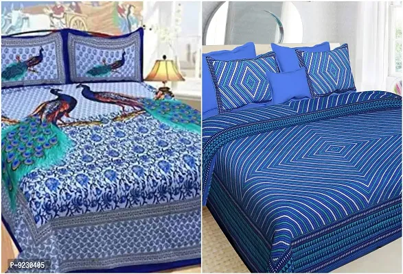 E-WISH BOX 100% Cotton Rajasthani Jaipuri King Size Combo Bedsheets Set of 2 Double Bedsheets with 4 Pillow Covers - Multicolor23