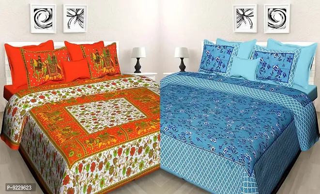 E-WISH BOX - - 100% Cotton Rajasthani Jaipuri King Size Combo Bedsheets Set of 2 Double Bedsheets with 4 Pillow Design no. 107