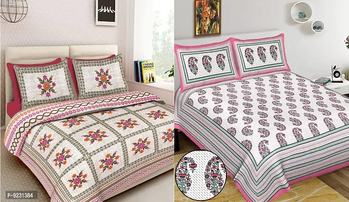 E-WISH BOX - - 100% Cotton Rajasthani Jaipuri King Size Combo Bedsheets Set of 2 Double Bedsheets with 4 Pillow Covers (Multicolour) -66-thumb0