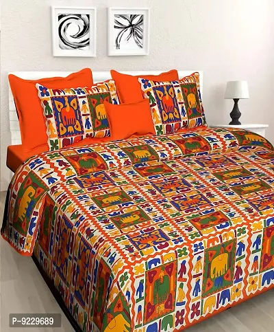 E-WISH BOX 100% Cotton Rajasthani Jaipuri Traditional King Size Double Bed Bedsheet with 2 Matching Pillow Covers - Orange