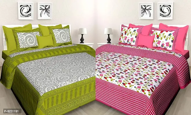 E-WISH BOX - - 100% Cotton Rajasthani Jaipuri King Size Combo Bedsheets Set of 2 Double Bedsheets with 4 Pillow 180 TC Design no. 341-thumb0