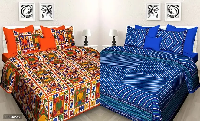 E-WISH BOX 100% Cotton Rajasthani Jaipuri King Size Combo Bedsheets Set of 2 Double Bedsheets with 4 Pillow Covers - Multicolor08