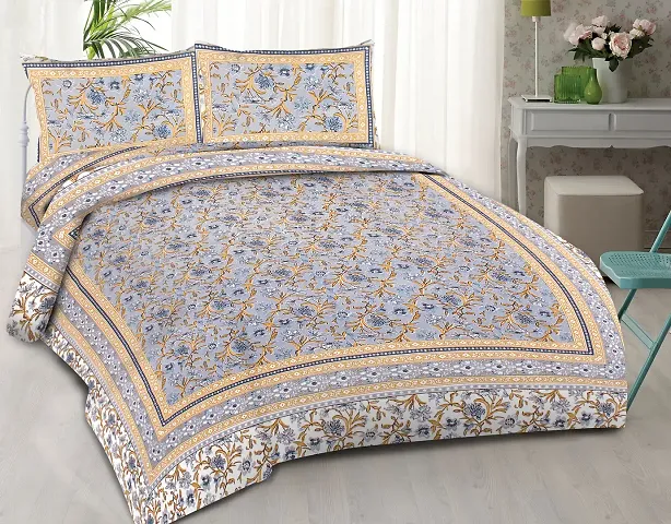 Jaitik Creations Presents Traditional Jaipuri Sanganeri Print Floral Printed King Size Double Bedsheet with 2 Pillow Covers JC_0345
