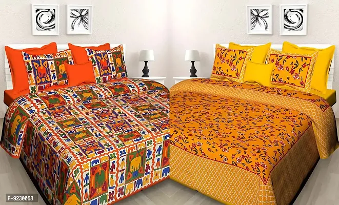 E-WISH BOX 100% Cotton Rajasthani Jaipuri King Size Combo Bedsheets Set of 2 Double Bedsheets with 4 Pillow Jaipuri 04