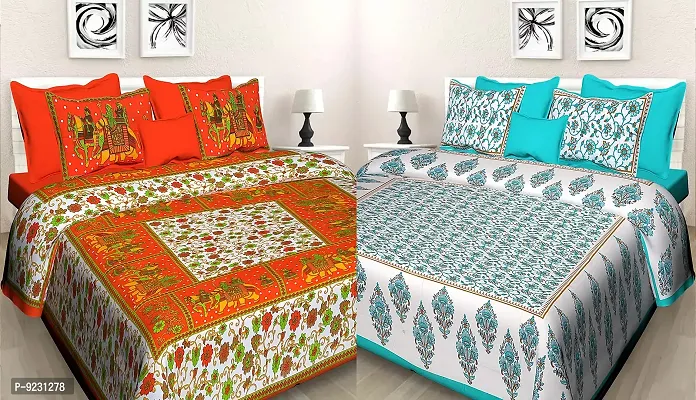 E-WISH BOX - 100% Cotton Rajasthani Combo Jaipuri Traditional King Size Double Bed Bedsheet for King Size Bed with 2 Pillow Cover's - Multicolour Spical Rakhi Offer A-262-thumb0