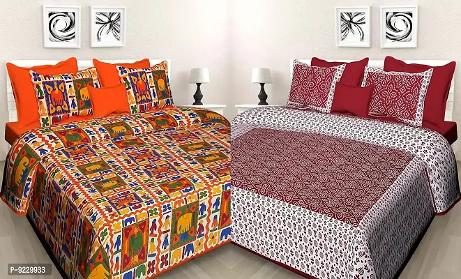 E-WISH BOX 100% Cotton Rajasthani Jaipuri King Size Combo Bedsheets Set of 2 Double Bedsheets with 4 Pillow Jaipuri 05