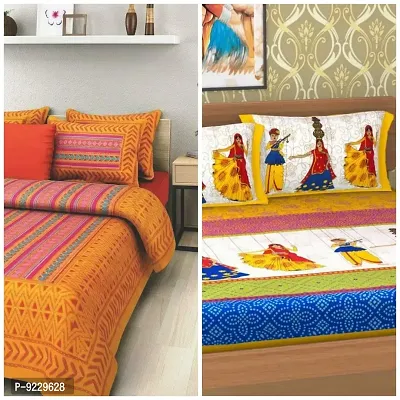 E-WISH BOX 100% Cotton Rajasthani Jaipuri King Size bedsheets Combo Double Bed Set 2 Double Bedsheet with 4 Pillow Cover - Multicolor