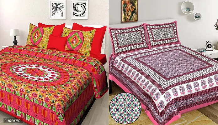 E-WISH BOX - - 100% Cotton Rajasthani Jaipuri King Size Combo Bedsheets Set of 2 Double Bedsheets with 4 Pillow Covers (Multicolour) -40-thumb0