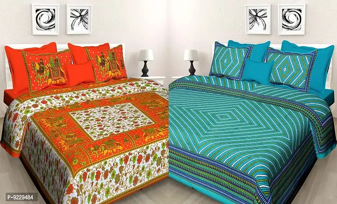 E-WISH BOX - - 100% Cotton Rajasthani Jaipuri King Size Combo Bedsheets Set of 2 Double Bedsheets with 4 Pillow Design no. 116