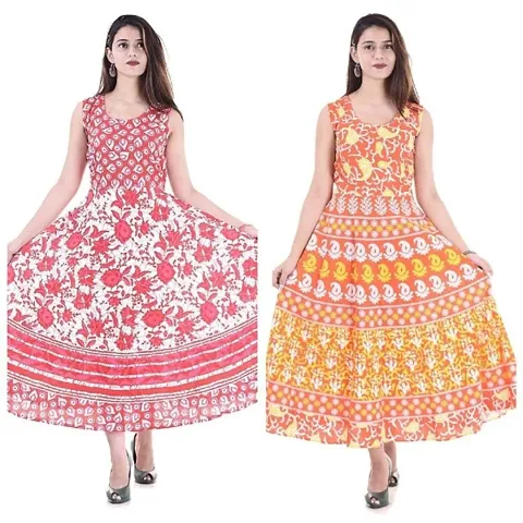 Stylish Cotton Maxi Kurta Dress Jaipuri Printed Kurti - Combo of 2