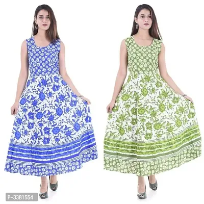 Womens Cotton 2 Maxi Long Dress Jaipuri Printed Kurti Combo Dress-thumb0