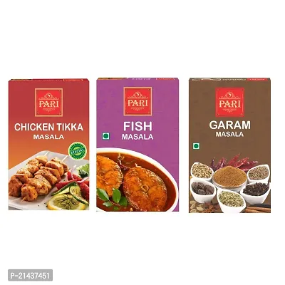 Pari Combo of Chicken Tikka Masala ( 50 g ) , Fish Masala ( 50 g ), Garam Masala ( 50 g ) ( Pack of 3 ) - Authentic, Aromatic,Flavourful Spice Mix - Easy to Cook-thumb0