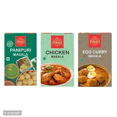 Pari Combo of Pani Puri Masala ( 50 g ) , Chicken Masala ( 50 g ), Egg Curry Powder ( 50 g ) ( Pack of 3 ) - Authentic, Aromatic,Flavourful Spice Mix - Easy to Cook-thumb0