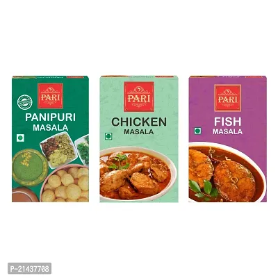 Pari Combo of Pani Puri Masala ( 50 g ) , Chicken Masala ( 50 g ),Fish Masala ( 50 g ) ( Pack of 3 ) - Authentic, Aromatic,Flavourful Spice Mix - Easy to Cook-thumb0
