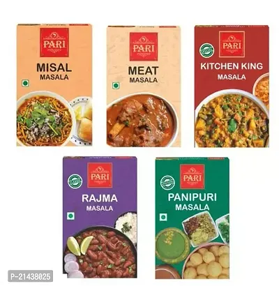 Pari Combo of Misal Masala ( 50 g ) , Meat Masala ( 50 g ), Kitchen King Masala ( 50 g ), Rajma Masala ( 50 g ) , Pani Puri Masala ( 50 g ) ( Pack of 5 ) - Authentic, Aromatic,Flavourful Spice Mix - E